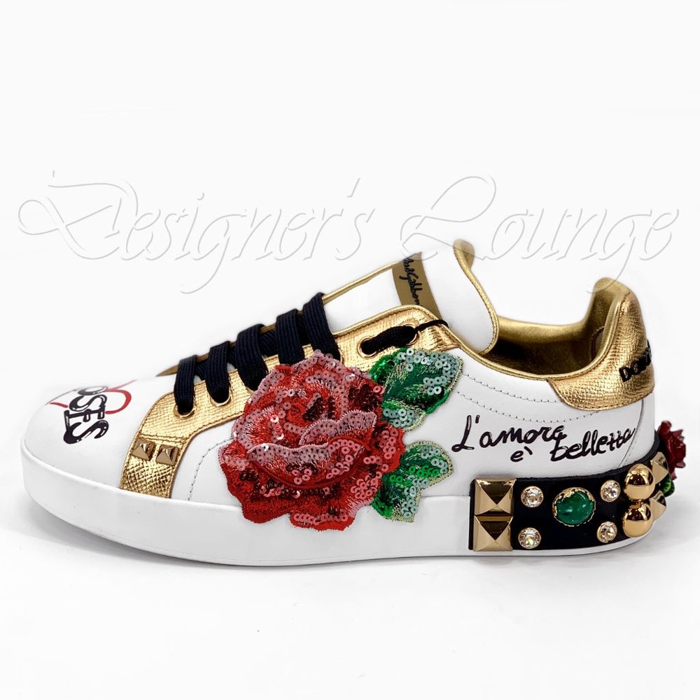 NEW DOLCE & GABBANA Roses Amore Crystal Sequin Portofino Sneakers $1,650 - Picture 3 of 13